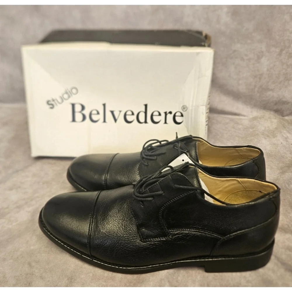 Belvedere Mens Duke Cap Toe Oxfords Leather Black Dress Shoes Size 12 E3 New